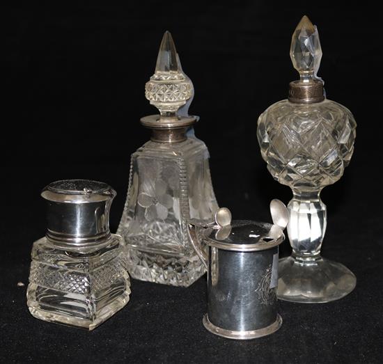 Two silver mounted glass scent bottles, a mustard and a toilet jar